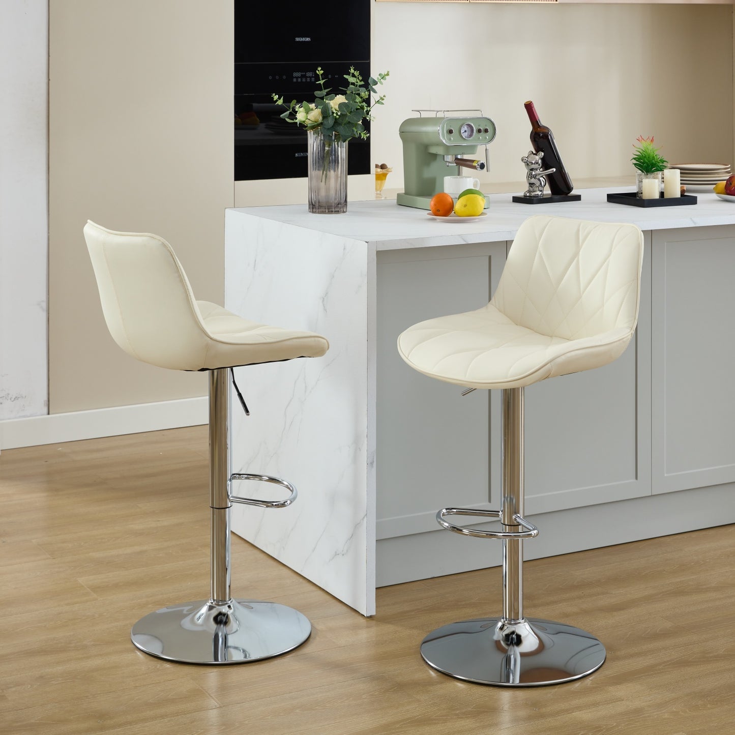 Shira - Set of 2 - 25-33" Cream PU Leather Adjustable Swivel Bar Stools with Back, Chrome Base, and Ergonomic Design for Kitchen Island or Bar