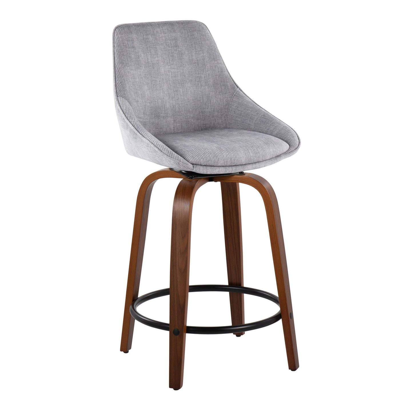 Diana - Set of 2 - 24" Fixed-Height Swivel Counter Stool with Walnut Wood & Grey Corduroy Seat and Black Metal Footrest