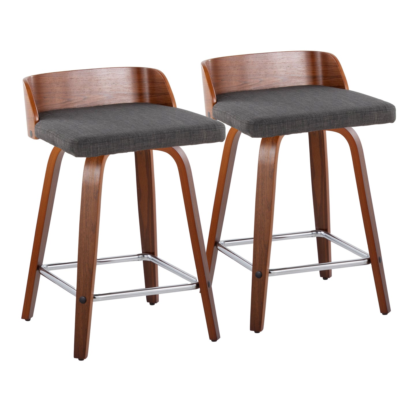 Maler - Set of 2 - 24" Mid-Century Modern Fixed-Height Swivel Counter Stools with Walnut Wood Frame, Charcoal Fabric Seat, and Chrome Footrest