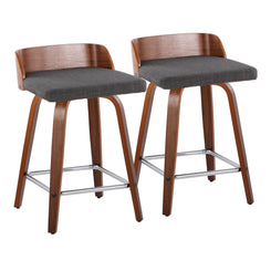 Maler - Set of 2 - 24" Mid-Century Modern Fixed-Height Swivel Counter Stools with Walnut Wood Frame, Charcoal Fabric Seat, and Chrome Footrest