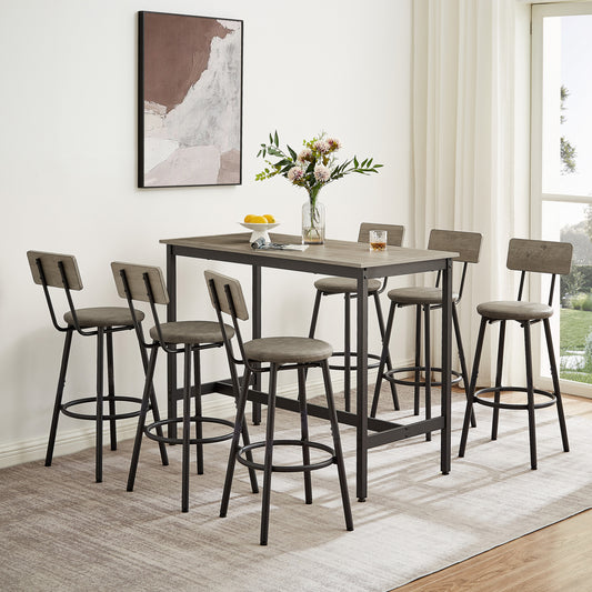 Guillermo - Set of 7 - 30" Industrial Pub High Dining Set with Grey Rustic Bar Table & 6 PU Leather Chairs