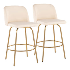 Talenisca - Set of 2 - 26" Luxurious Swivel Counter Stools with Cream Faux Leather, Gold Metal Frame, High Back, and Round Footrest