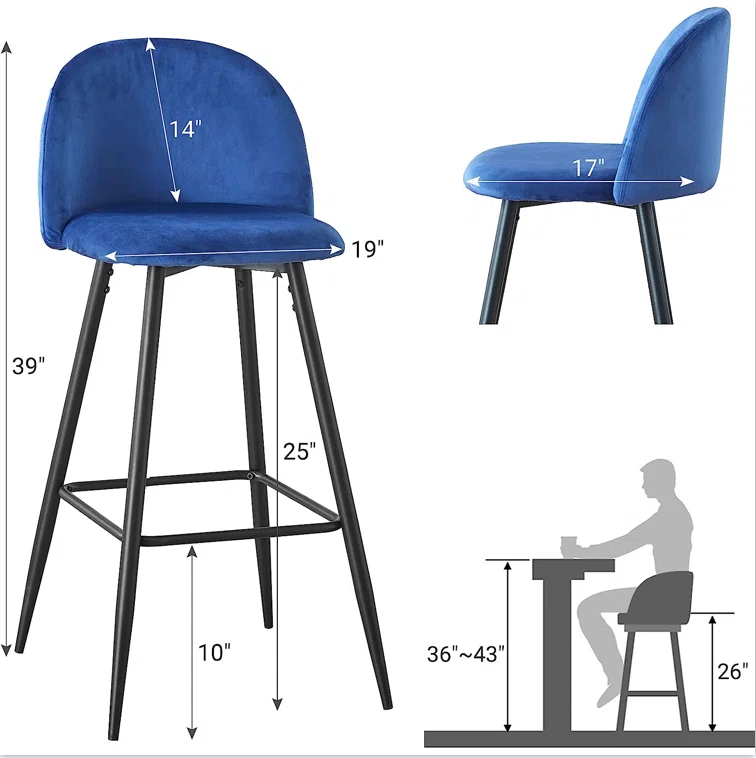 Vespera - Set of 2 - 26" Blue Velvet Modern Counter Barstools with Back and Sturdy Metal Legs, Ideal for Kitchen Island or Bar