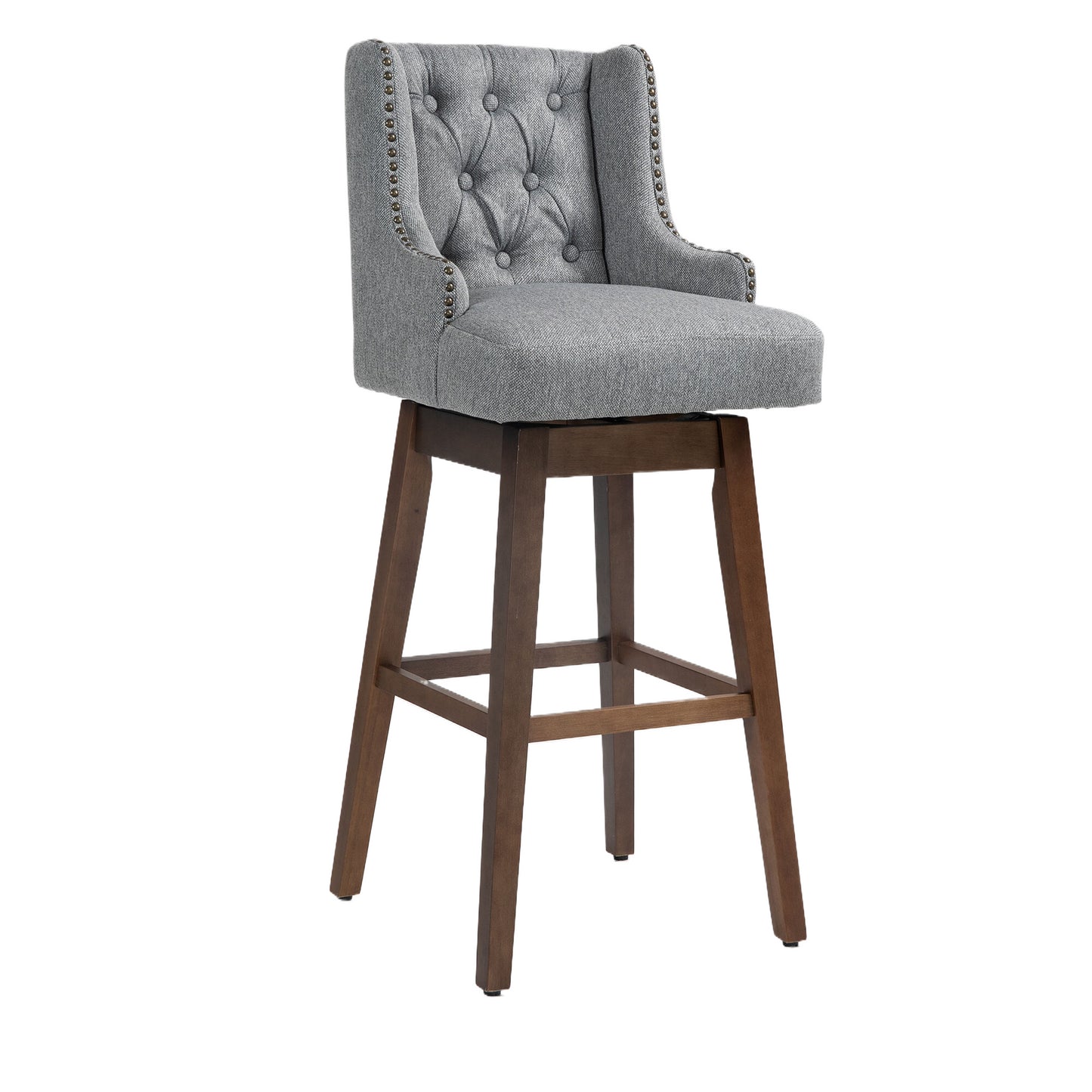 Haleigh - Set of 2 - 26" Gray Linen Swivel Bar Stools with Solid Wood Legs and High Back