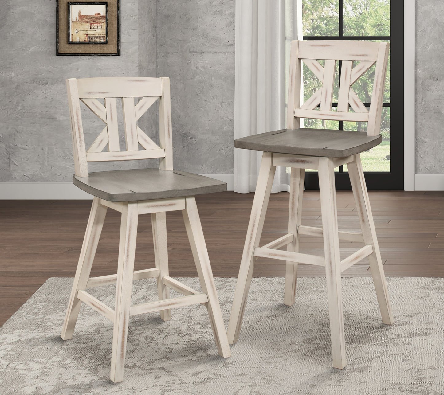 Ashlyn - Set of 2 - 29" Pub Height Chairs with Distressed Gray & White Solid Rubberwood X-Back Design, Bar Chairs for Dining Room