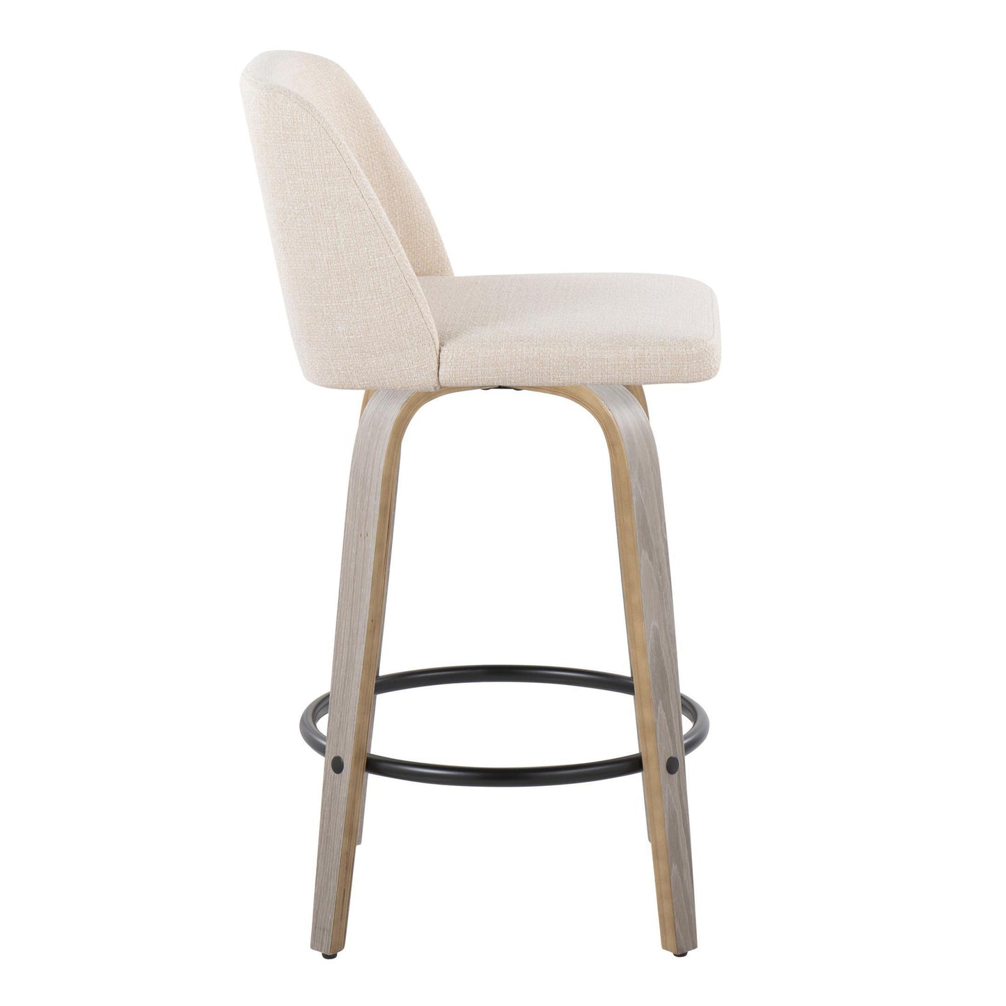 Tylar - Set of 2 - 24" Light Grey Swivel Counter Stools with Cream Upholstered Seats and Black Round Metal Footrest