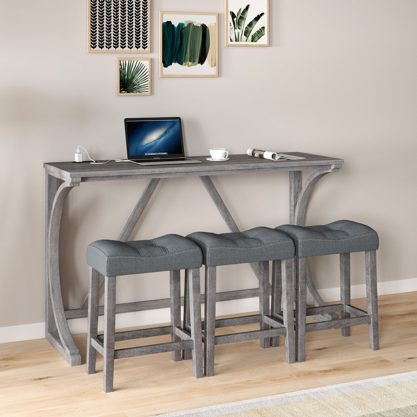 Hadden - Set of 4 - 30” Gray Industrial Bar Table Set with Power Outlet, 3 Stools, Solid Wood + MDF - Dining, Game, or Living Room, 59” x 19” x 36”