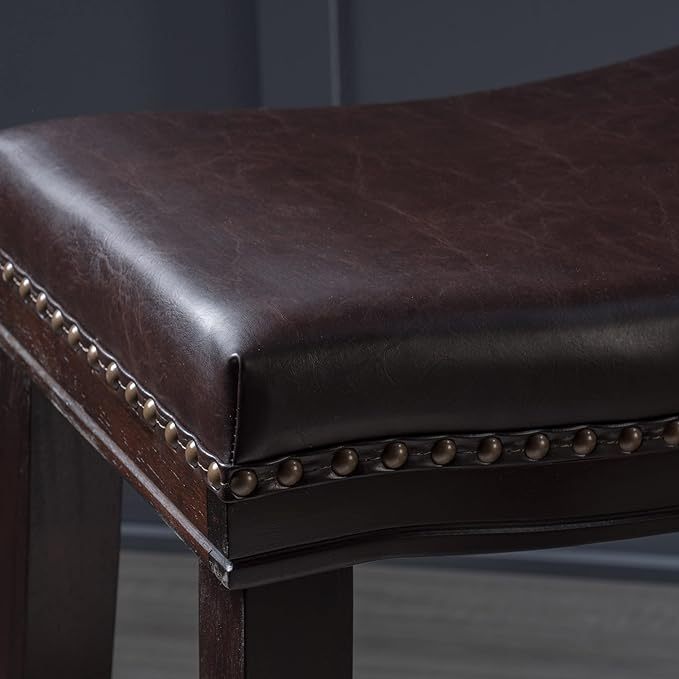 Marcila - Set of 2 - 26" Dark Brown PU Leather Saddle Bar Stools with Nailhead Trim and Rubberwood Frame