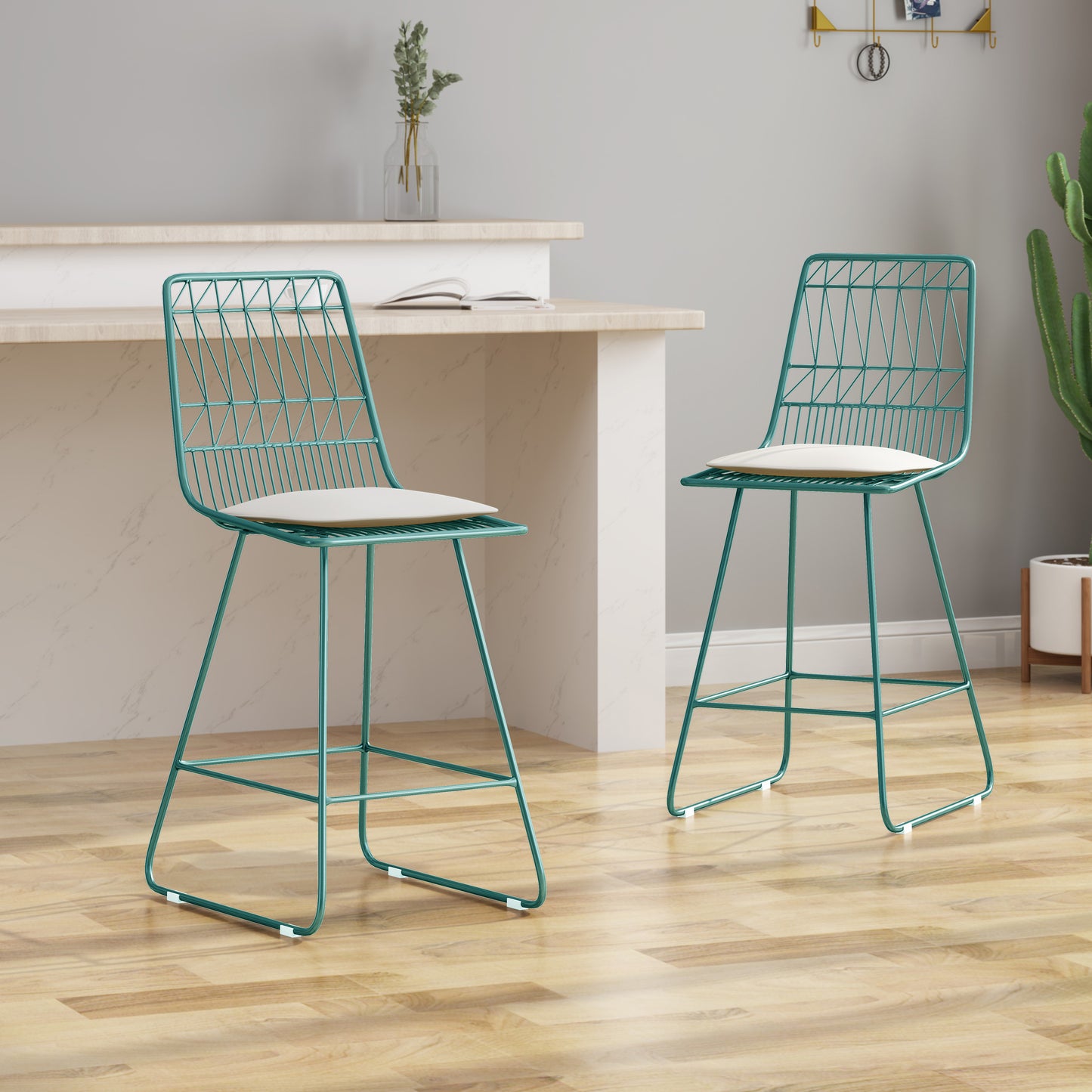 Nox - Set of 2 - 26" Beige Cushioned Wire Counter Stools with Iron Frame