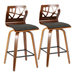 Fremont - set of 2 - 24" Mid-Century Modern Walnut Swivel Counter Stool in Cream Faux Leather Black Metal Footrest