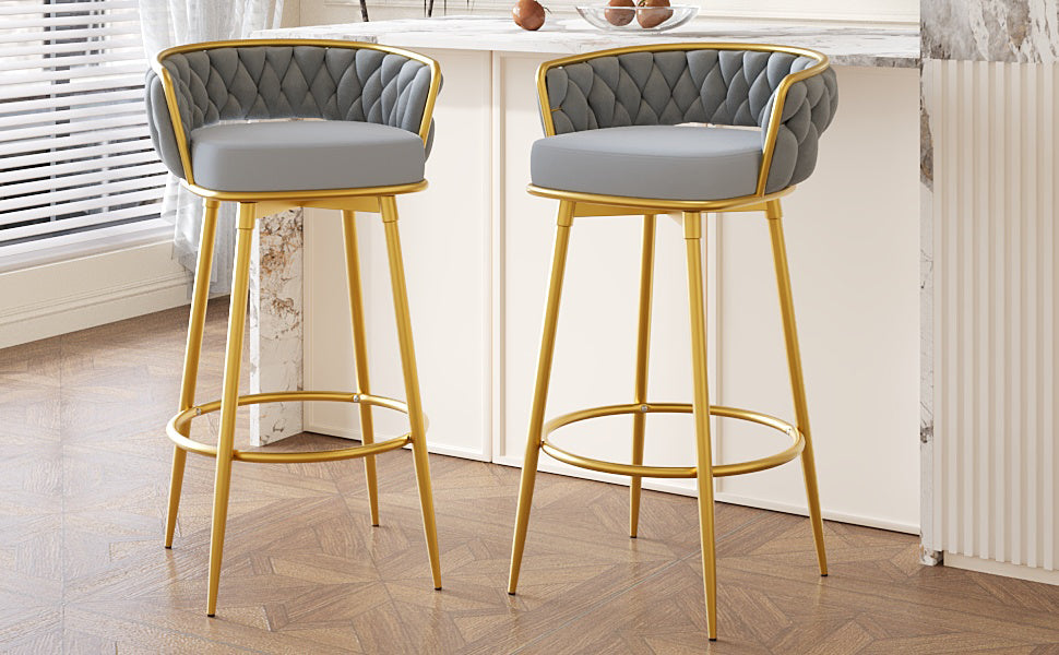 Noble - Set of 2 - 24" - 26" Grey Swivel Counter Stools with Hand-Woven Backrest and Gold Metal Legs