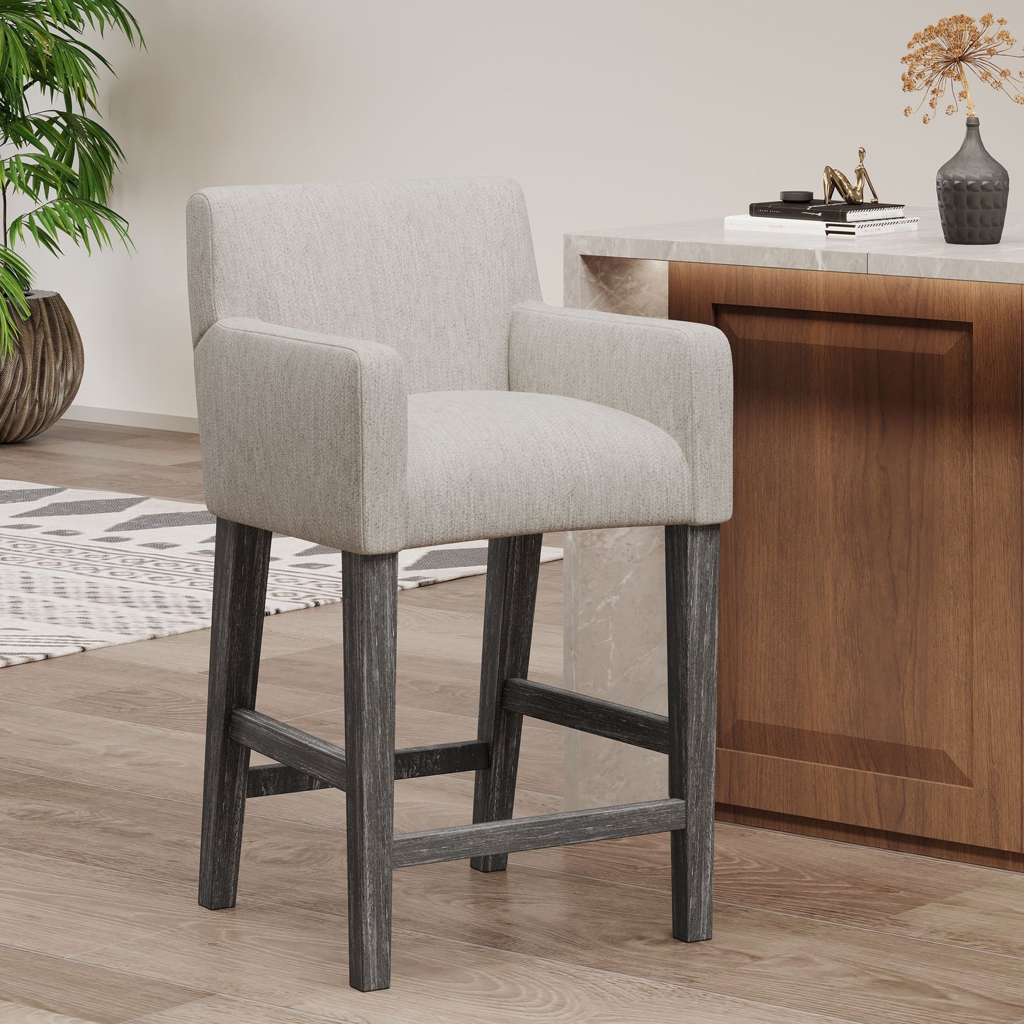 Lioris - Set of 2 - 26" Upholstered Counter Stools, Light Gray Fabric, Rubberwood Frame