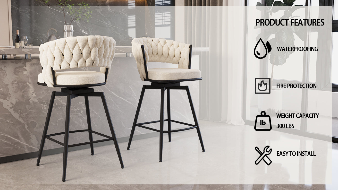 Harvani - Set of 2 - 26" White Woven Linen Swivel Bar Stools with Black Metal Legs and Footrest