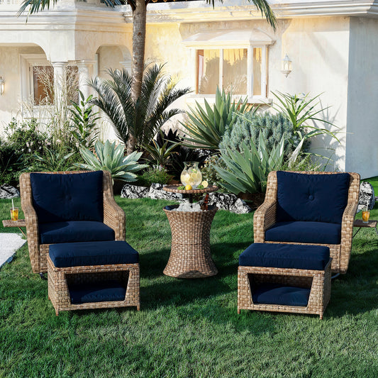 Hyronthia - Set of 2 - 35" Swivel Rocking Patio Chairs with Navy Cushions, Cool Bar Table, and Ottoman Pet House