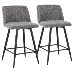 Thyveron - Set of 2 - 26" Contemporary Swivel Counter Stools in Grey Noise Fabric with Black Metal Frame and Square Footrest