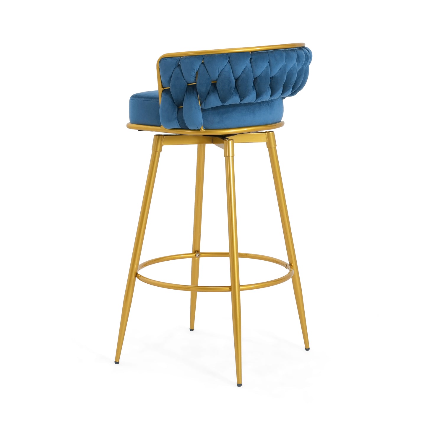 Lyma - Set of 2 - 30" Swivel Counter Height Bar Stools with Hand-Woven Backrest & Gold Metal Legs, Upholstered Velvet Kitchen Chairs in Blue