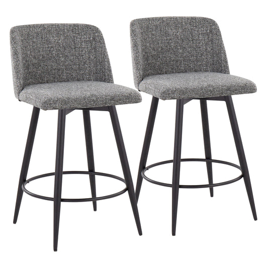 Lirath - Set of 2 - 24" Fixed-Height Swivel Counter Stools with Light Grey Wood, Cream Fabric, and Chrome Footrest