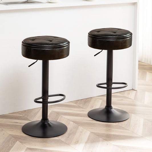 Lavrin - Set of 2 - 29" Black PU Leather Adjustable Bar Stools with 360° Swivel, Hidden Storage, Modern Design for Kitchen & Living Spaces