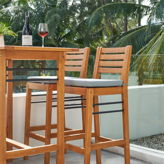 Ashbourne - Set of 2 - 30" Honey Eucalyptus Patio Wood Counter-Height Bar Chairs with Metal Base