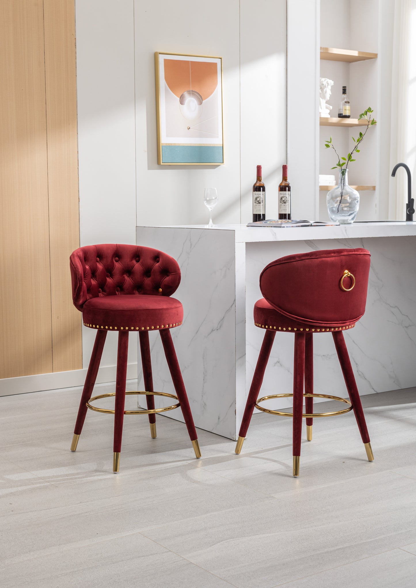 Cylvara - Set of 2 - 28" Claret Red Velvet Counter Height Bar Stools with Solid Wood Legs and 360° Swivel