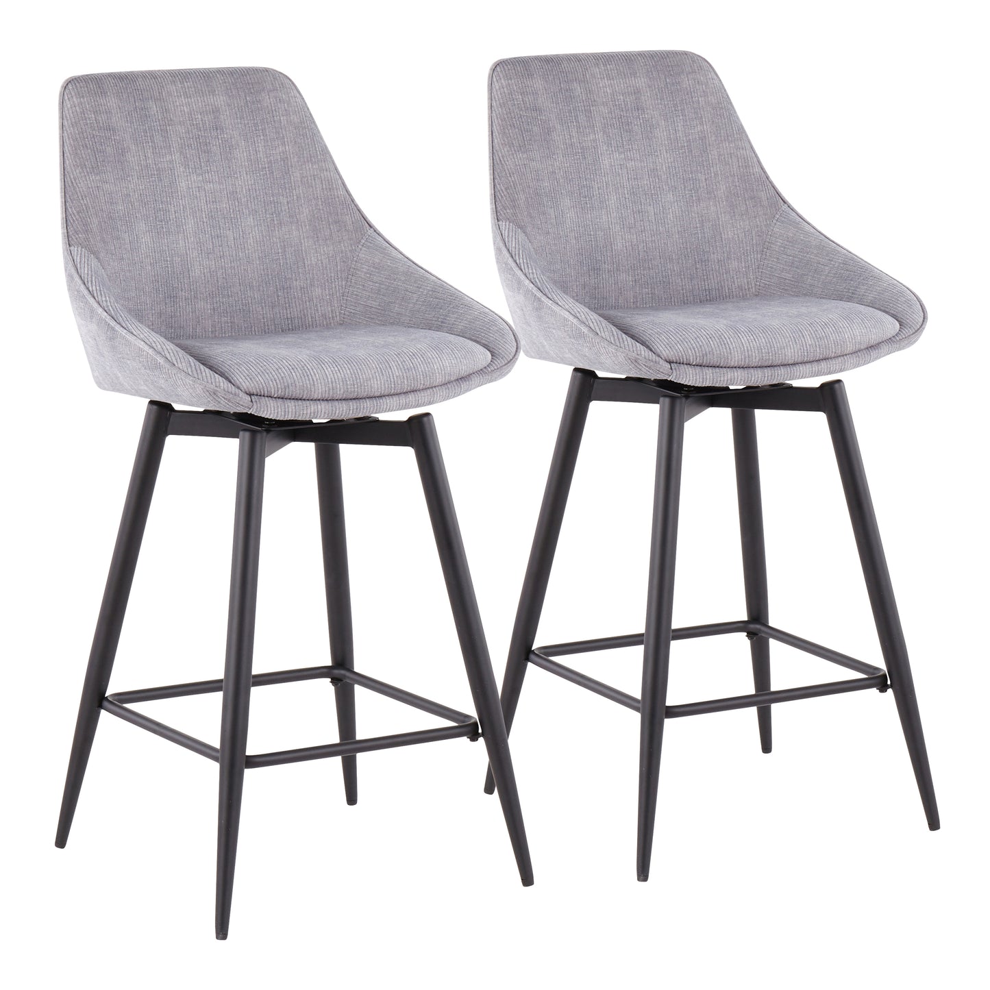 VelvetBreeze - Set of 2 - 24" Black Steel Counter Stools with Grey Velvet Swivel High-Back Design and Stylish Corduroy Upholstery – Indoor Use