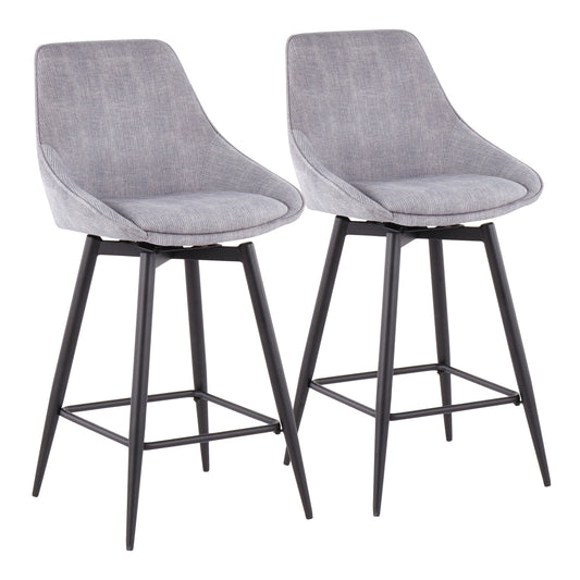 VelvetBreeze - Set of 2 - 24" Black Steel Counter Stools with Grey Velvet Swivel High-Back Design and Stylish Corduroy Upholstery – Indoor Use