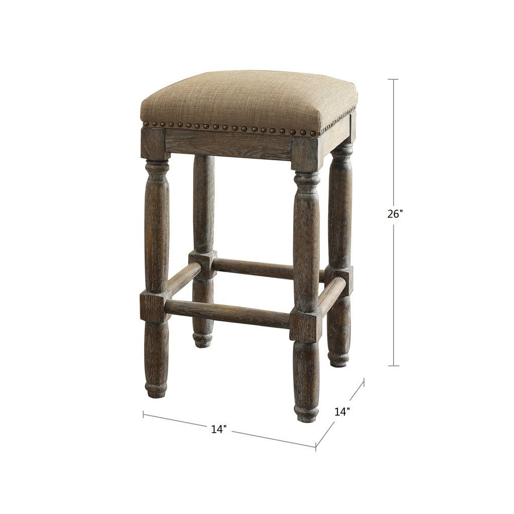 Solvay - Set of 2 , 26"Sand Counter Stools, Seat Height, Solid Wood Frame with Bronze Nailhead Detailing, Reclaimed Gray Finish and High-Density Foam