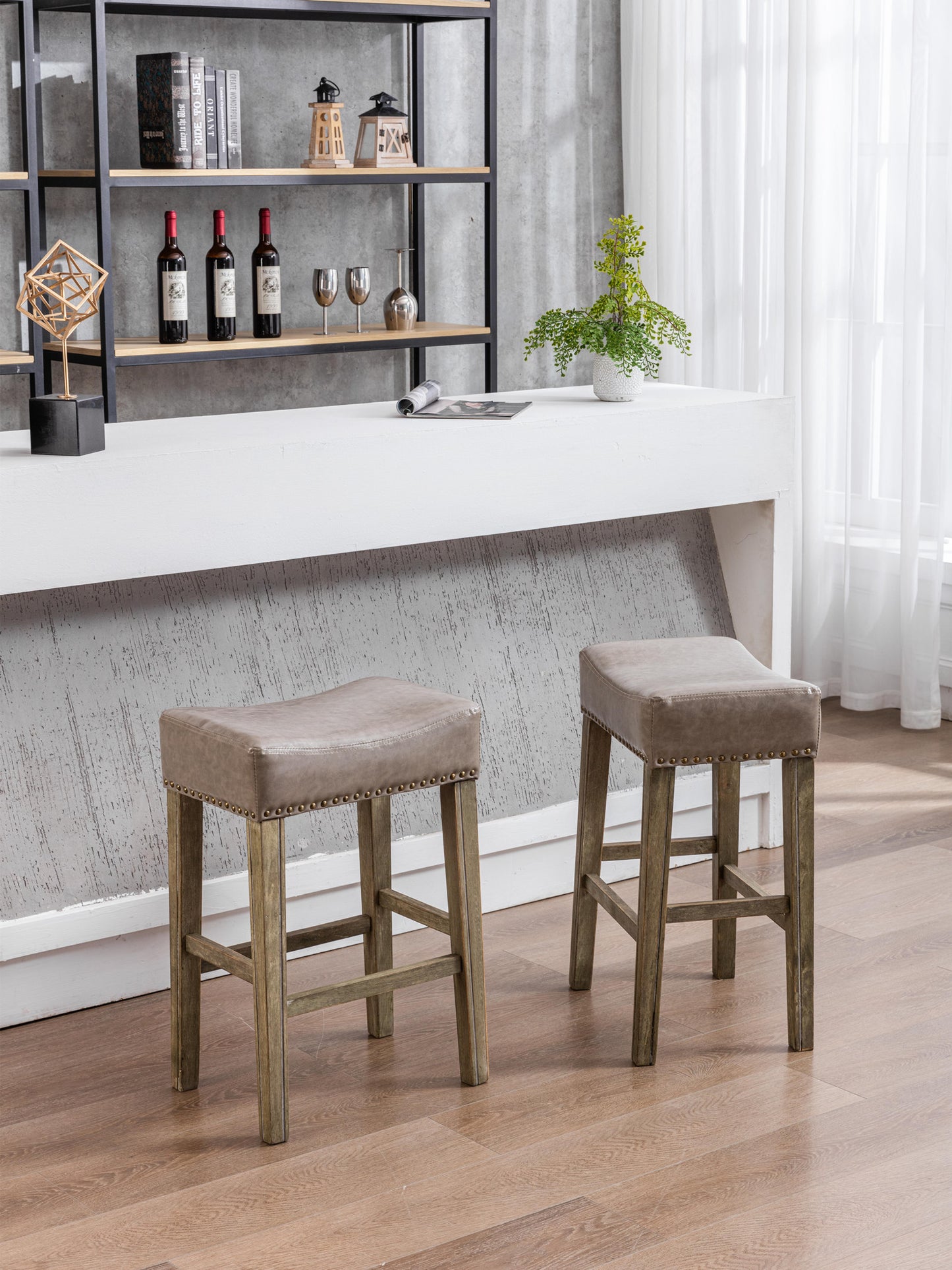 Evora - Set of 2 - 26" Gray Backless Faux Leather Counter Stools for Kitchen Island