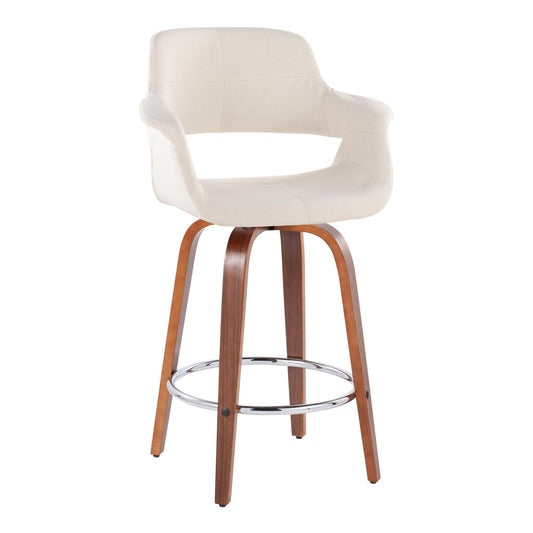 Lustra - Set of 2 - 26" Cream Counter Stools 26" Seat – Walnut Wood Frame with Chrome Footrest