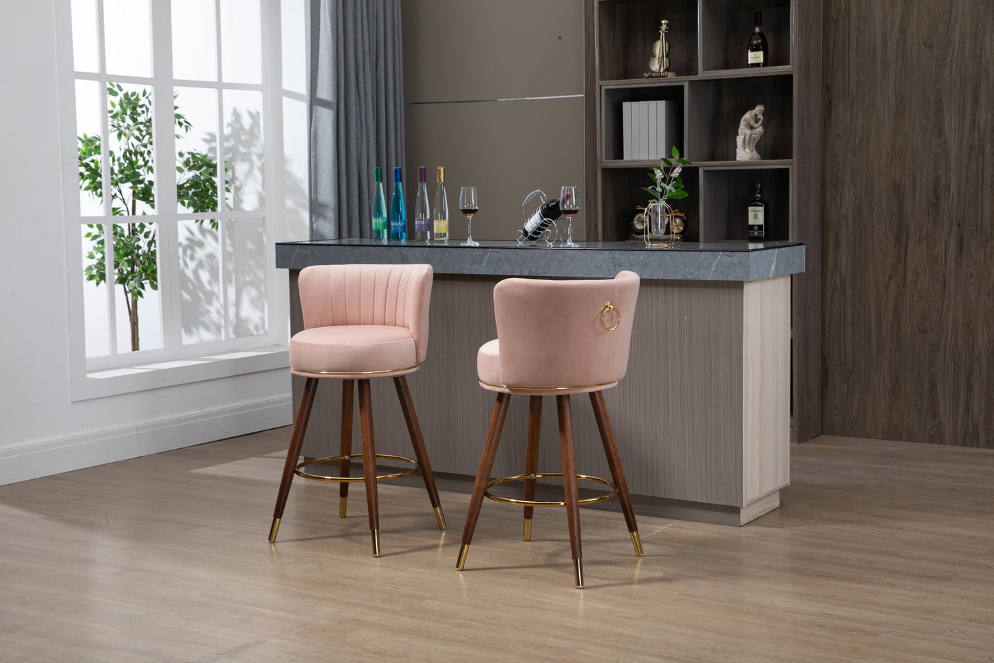 Lavantro - Set of 2 -28" Counter Height Handcrafted Swivel Bar Stools with Pink Fabric, Solid Wood Legs & 360° Rotation - Vintage Retro Design