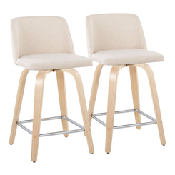 Turithian - Set of 2 - 24" Natural Wood Swivel Counter Stools with Cream Upholstered Seat and Chrome Footrest