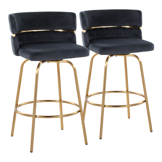 Stacie - Set of 2 - 26" Glam Counter Stools, Gold Metal, Black Velvet Swivel Seat