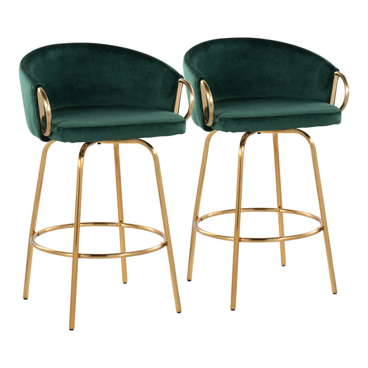 Zinnia - Set of 2 - 24" Green Velvet Contemporary Counter Stools with Gold Steel Frame