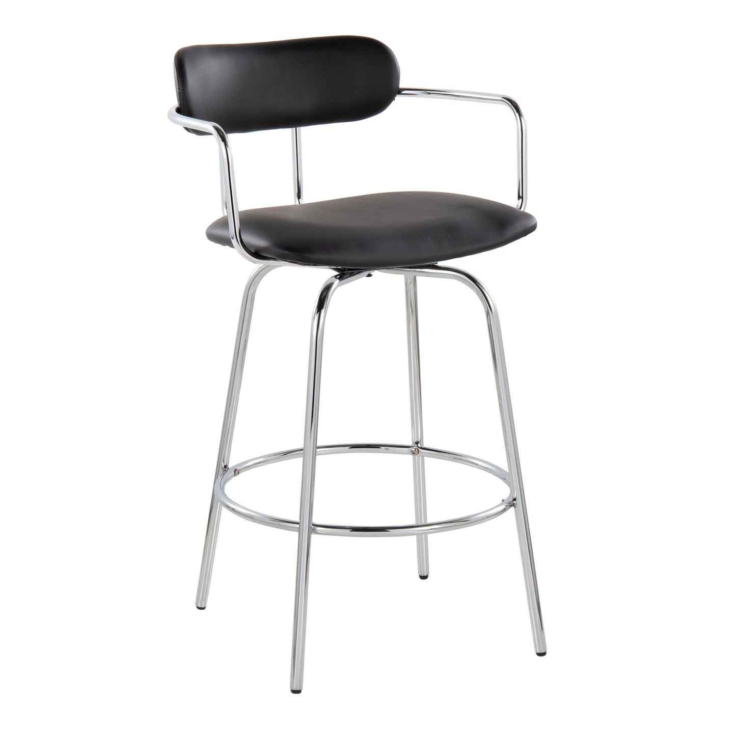 Demi - Set of 2 - 26" Black Faux Leather Counter Stools with Chrome Swivel Frame and Round Footrest