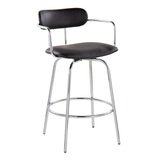 Demi - Set of 2 - 26" Black Faux Leather Counter Stools with Chrome Swivel Frame and Round Footrest