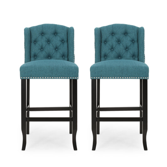 Votani - Set of 2 - 31" Teal Fabric Tufted Wingback Counter Stools with Dark Brown Legs