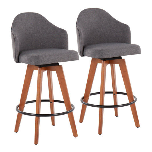 Hightop - Set of 2 - 29" Grey Upholstered Counter Stools with Bamboo Legs and Black Metal Footrest