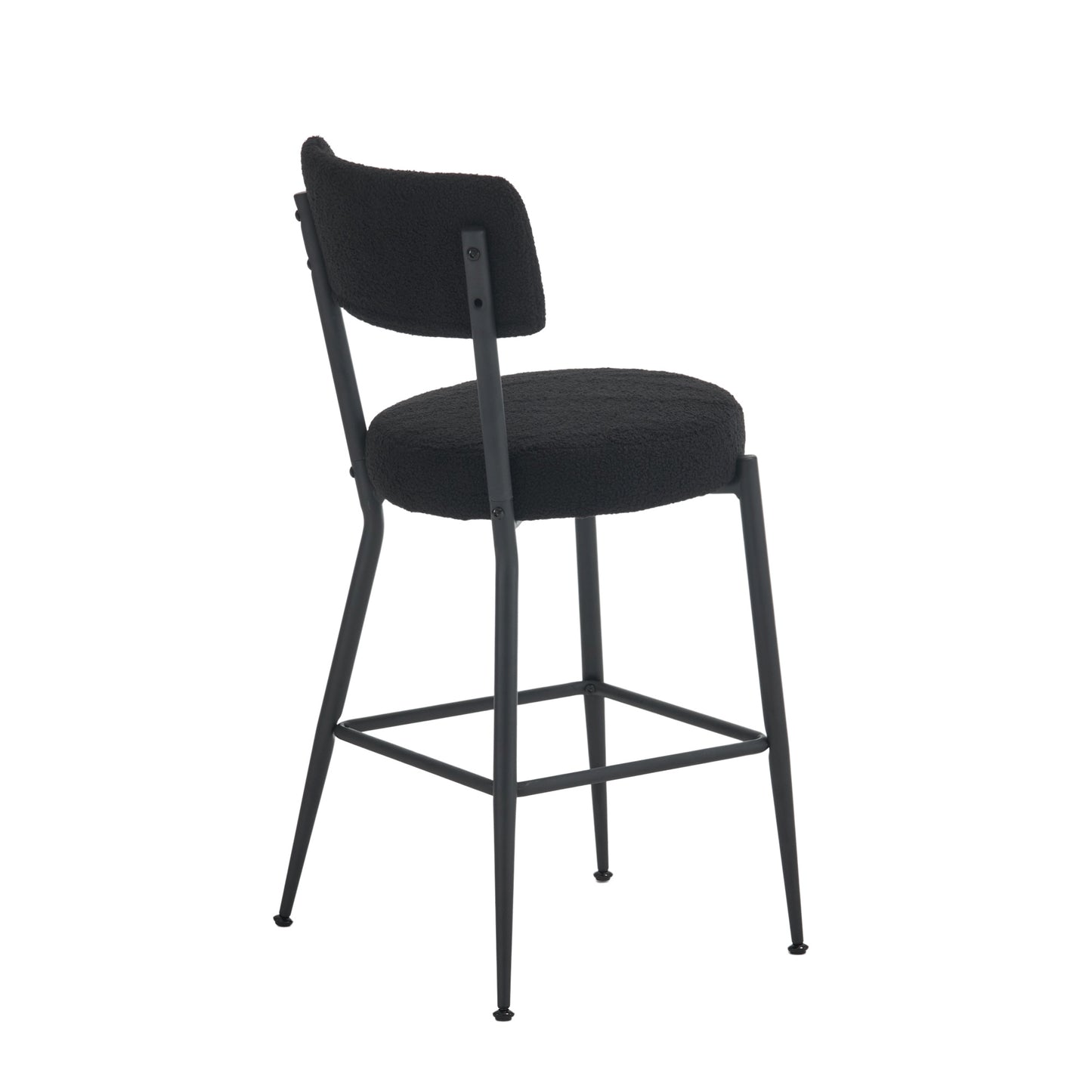 Sable - Set of 2 - 25" Black Upholstered Teddy Fabric Bar Stools with Ergonomic High Back and Modern Metal Base