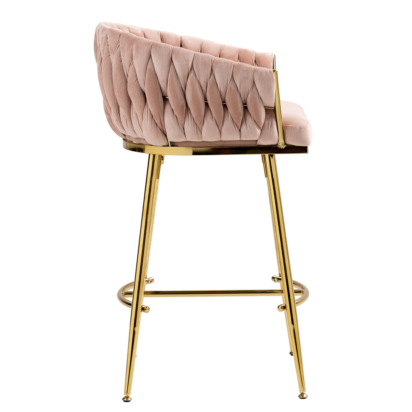 Calista - Set of 2 - 26" Pink Velvet Counter Height Bar Stools with Hand-Wave Back, Golden Chrome Base, and Footrest