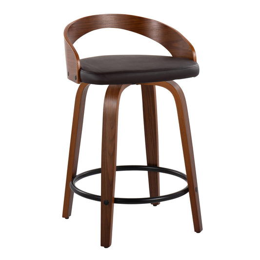 Gregor - Set of 2 - 24" Walnut Wood Mid-Century Modern Counter Stools with Brown Faux Leather and Swivel