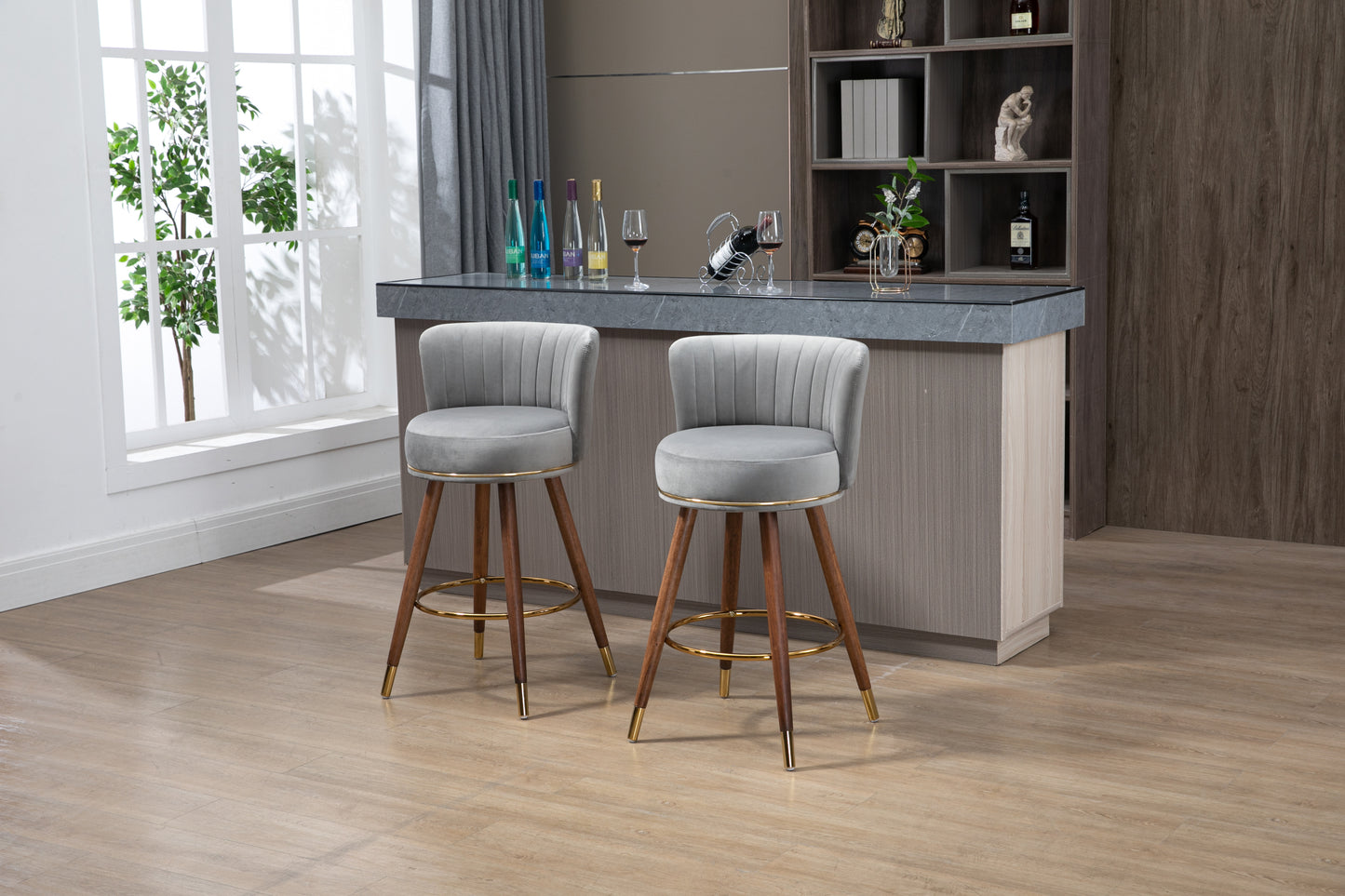 Avira - Set of 2 - 28" Grey Counter Height Swivel Bar Stools with Light Brown Solid Wood Legs, Retro Style and Upholstered Cushions