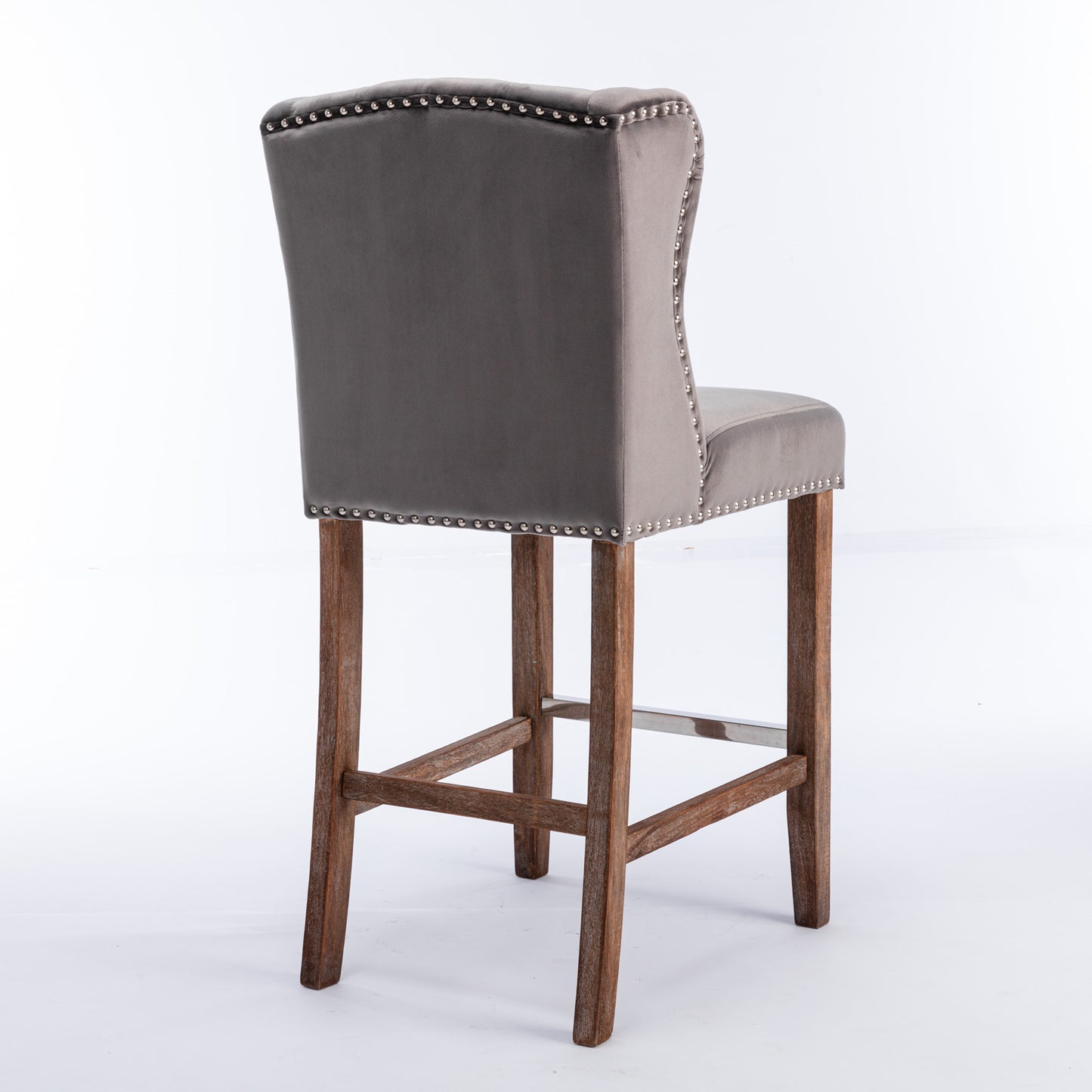 Elowyn - Set of 2 -  27" Grey Velvet Counter Height Bar Stools, Seat Height, Tufted Wingback Breakfast Chairs with Nailhead Trim and Wood Legs