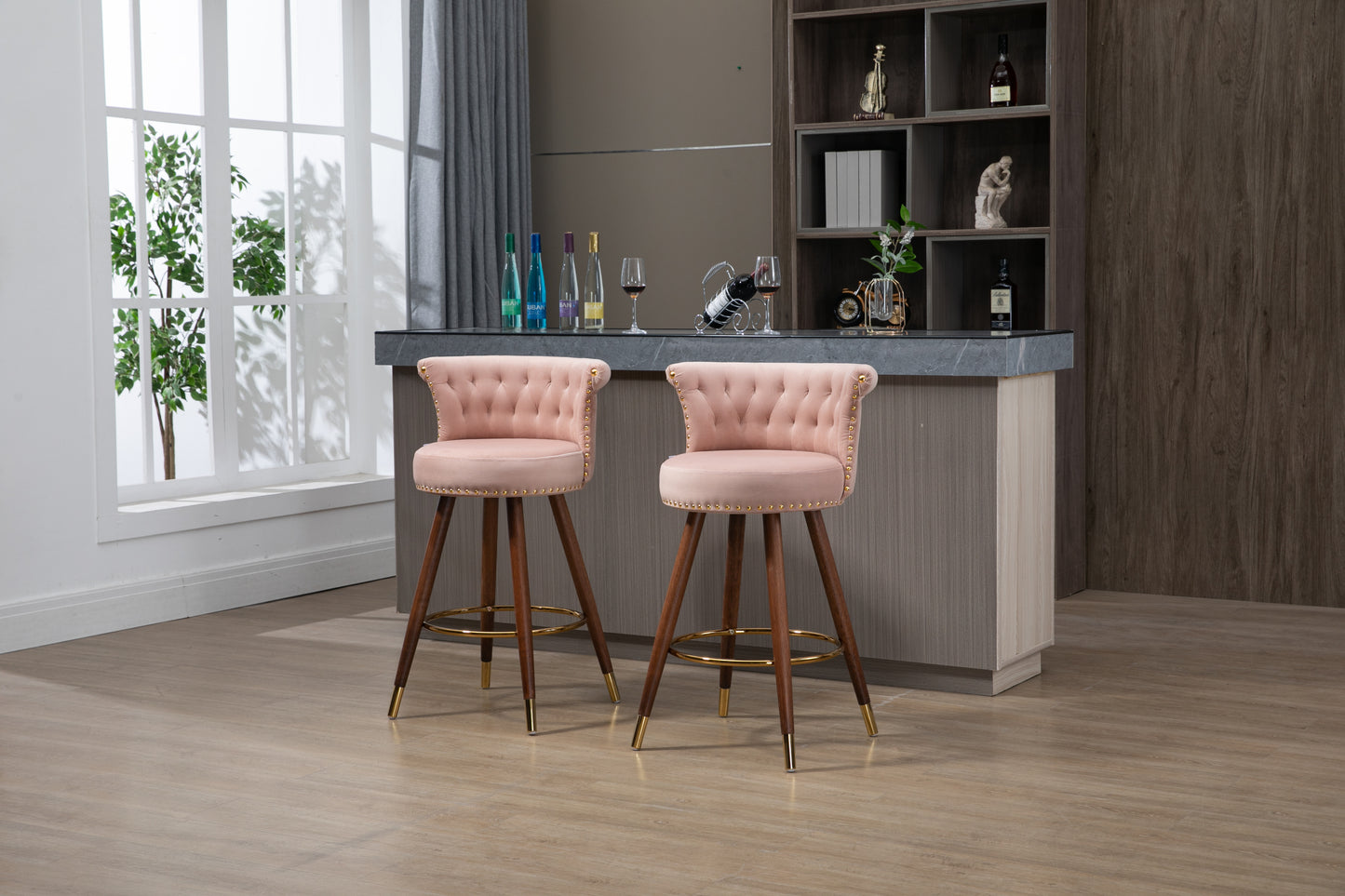 Viatora - Set of 2 - 27" Pink Swivel Solid Wood Bar Stools with High Back and Footrest