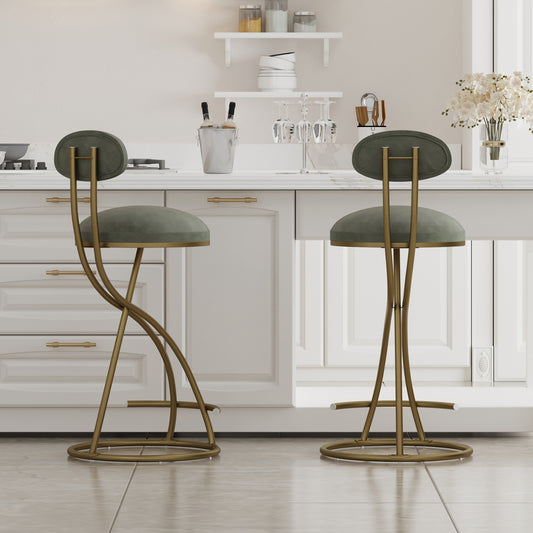 Huxley - Set of 2 - 24" Green & Gold Round Bar Stools with Backrest & Footrest for Kitchen Counter