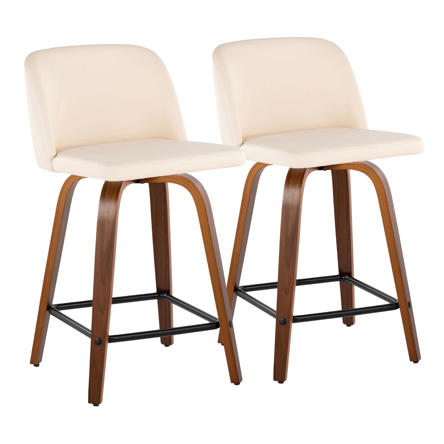 Valerius - Set of 2 - 24" Mid-Century Modern Walnut Counter Stools with Cream Faux Leather Upholstery and Black Metal Footrest