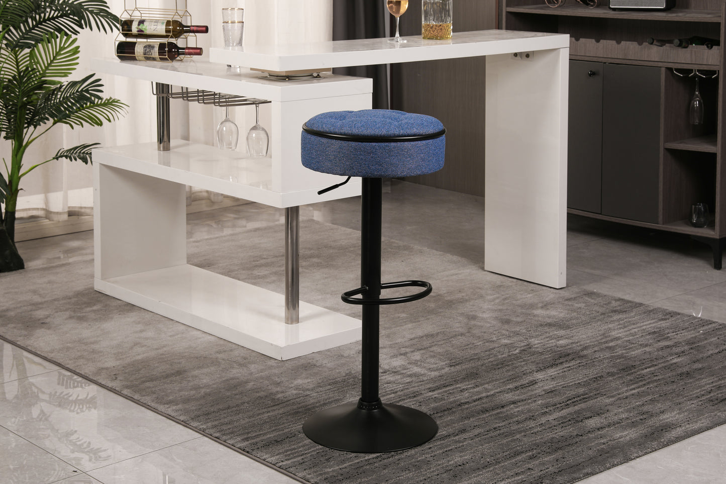 Veynard - Set of 2 - 24" Blue Linen Adjustable Bar Stools with 360° Swivel, Metal Frame for Kitchen and Dining