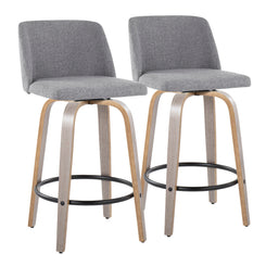 Toriloth - Set of 2 - 26" Contemporary Fixed-Height Swivel Counter Stools with Light Grey Wood Frame, Grey Fabric Upholstery, and Round Black Metal Footrest