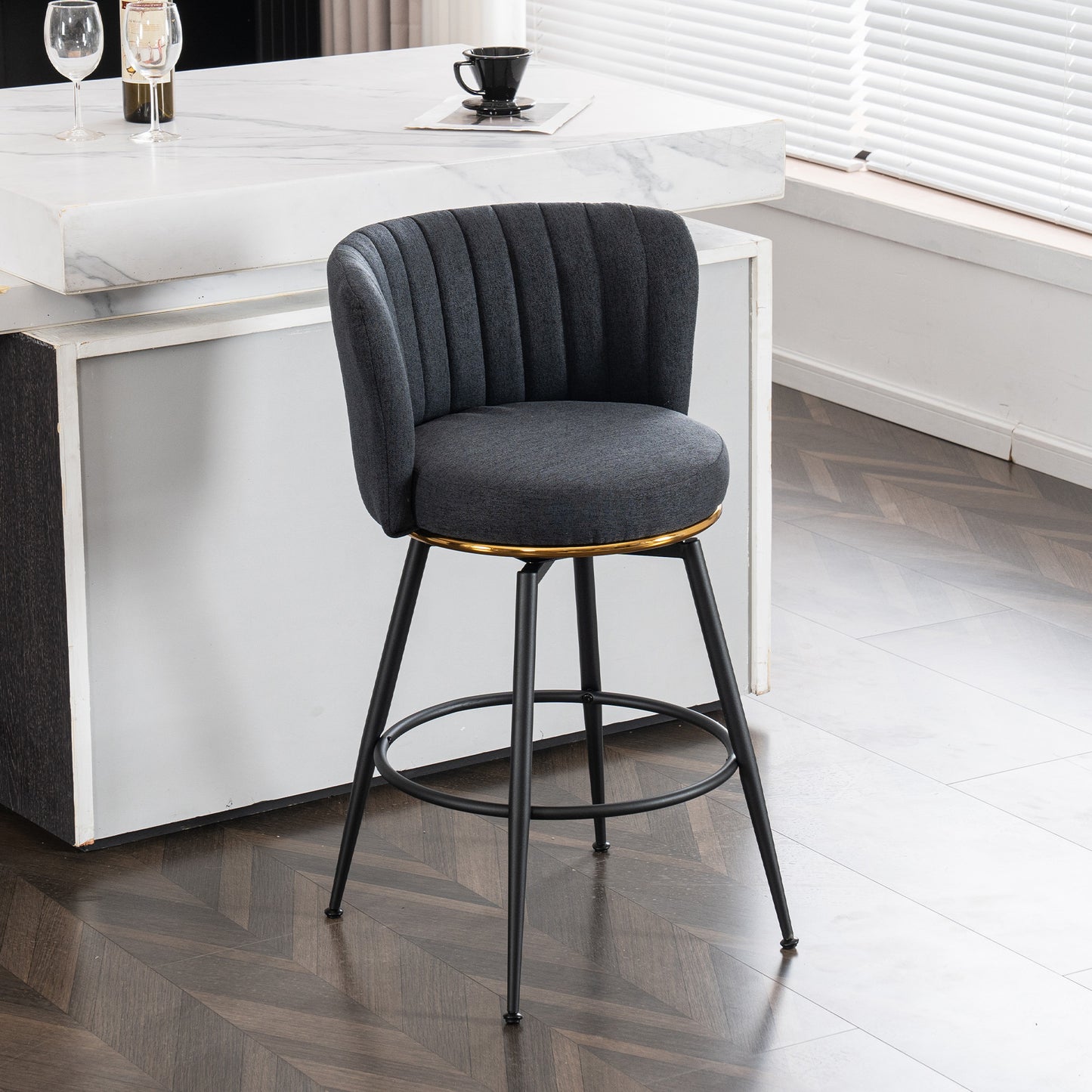 Gyro - Set of 2 - 24" Upholstered Swivel Bar Stools with High-Back, Adjustable Height, and Metal Accents for Kitchen & Dining