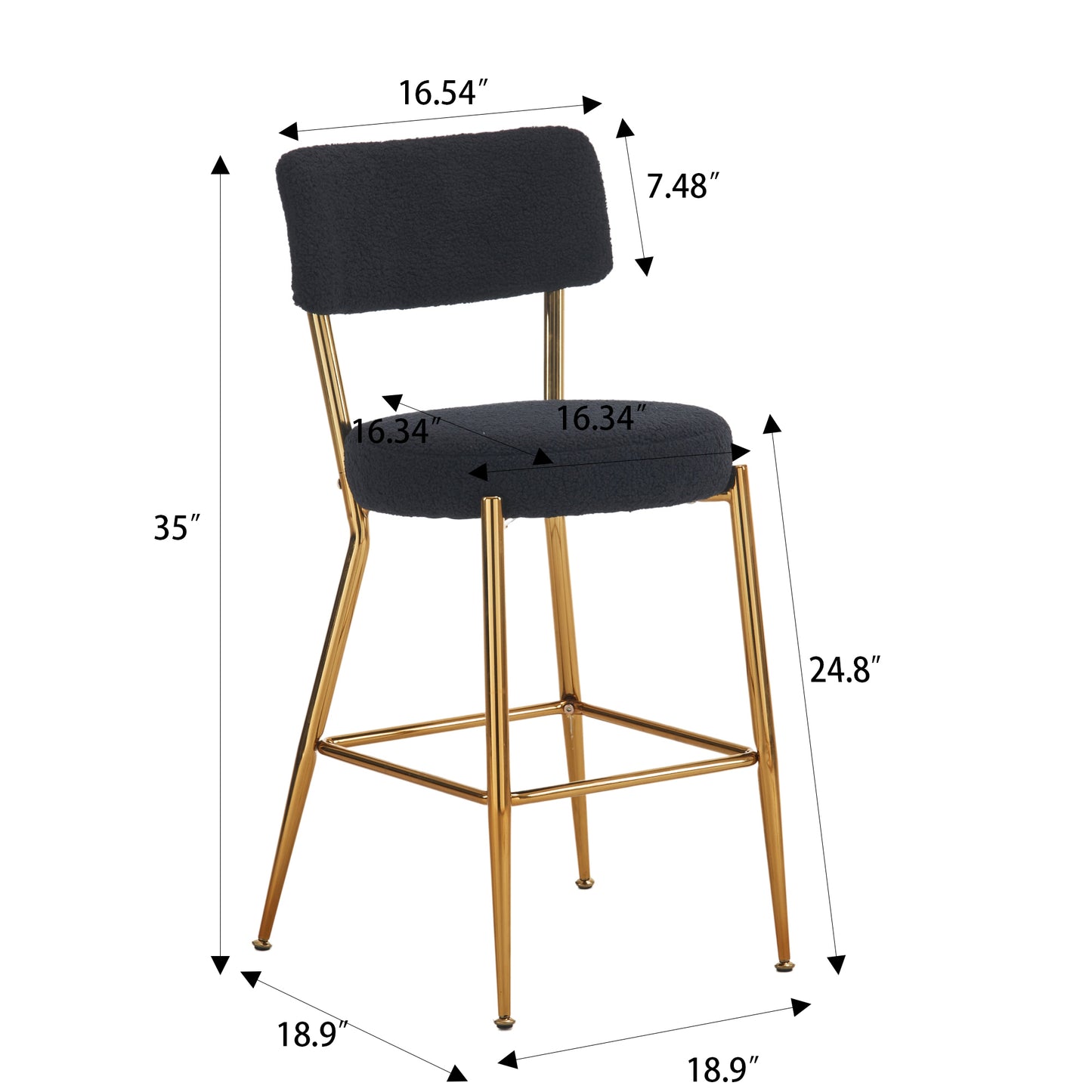 Nashford - Set of 2 - 25" Black Bar Stools with Modern Teddy Fabric Upholstery and Metal Base for Kitchen & Dining