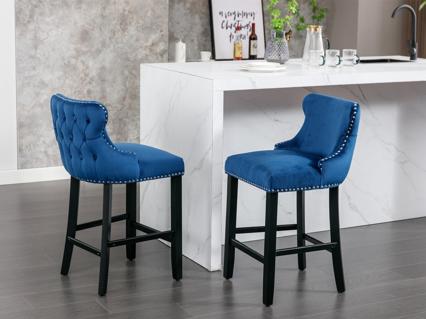 Emilia - Set of 2 - 27" Blue Velvet Upholstered Wing-Back Bar Stools with Button Tufted Decoration and Wooden Legs, Chrome Nailhead Trim